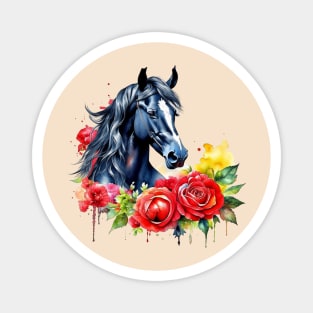 Watercolor Black Horse Red Roses Magnet